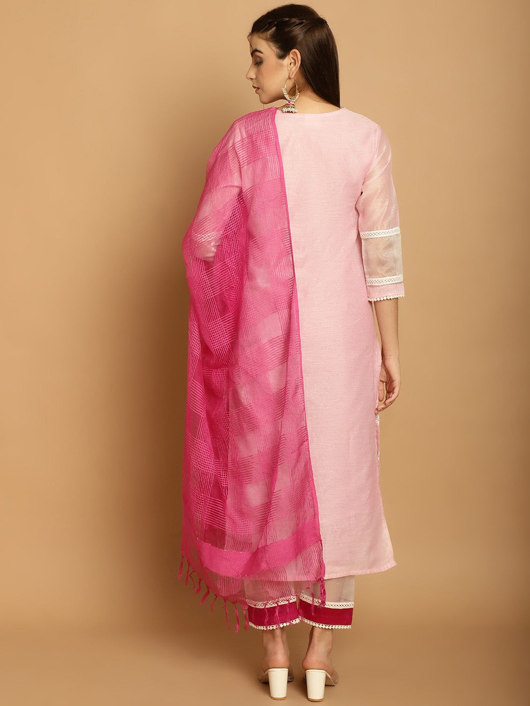 Floral Embroidered Thread Work Kurta With Trousers & Dupatta