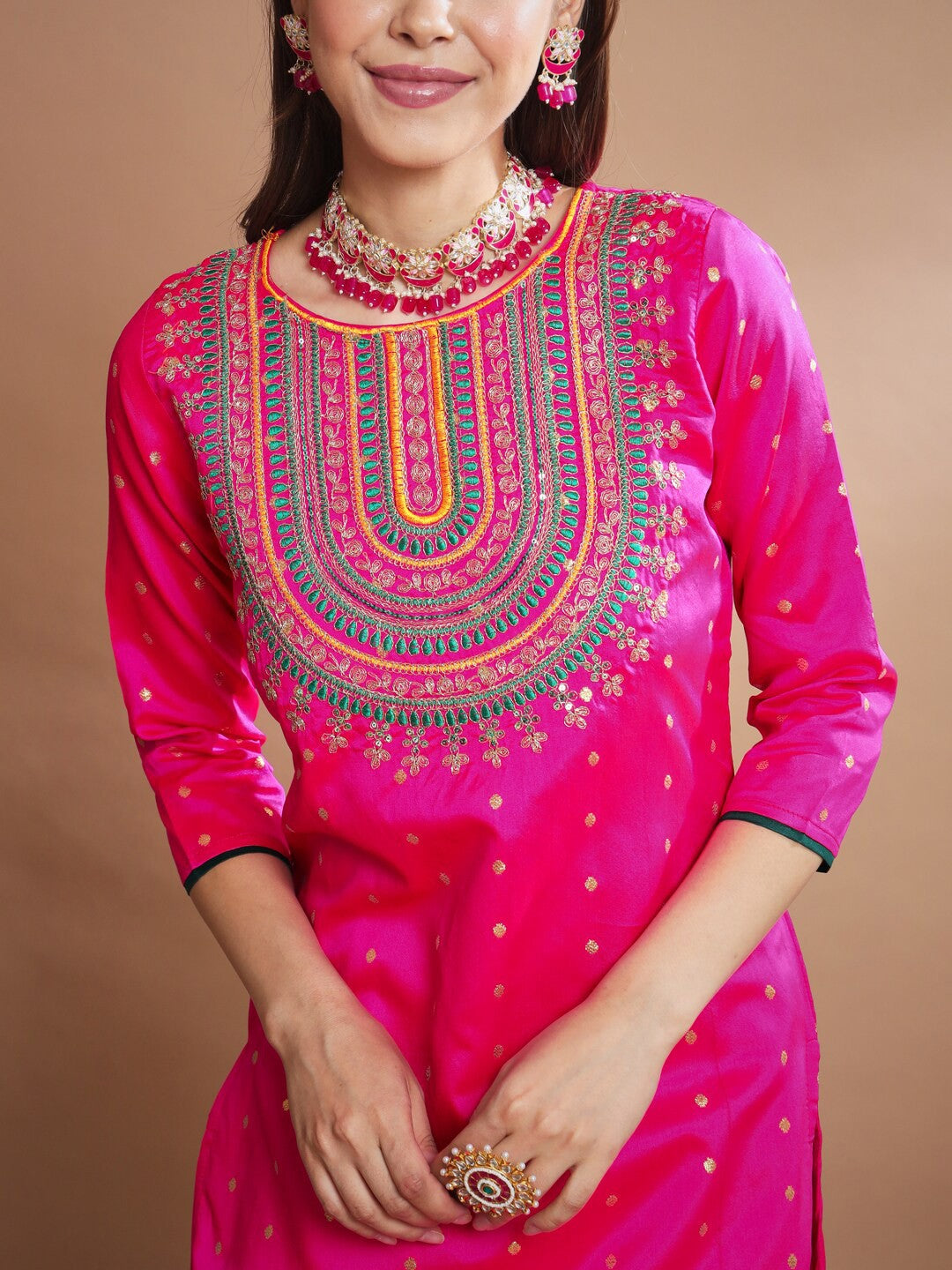 Floral Embroidered Thread Work Kurta With Trousers & Dupatta