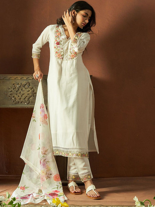 Floral Embroidered V Neck Thread Work Straight Kurta With Trousers & Dupatta