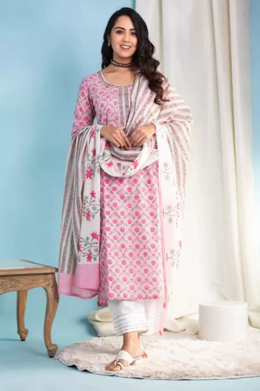 Floral Print Kurta Trouser Pant & Dupatta Set