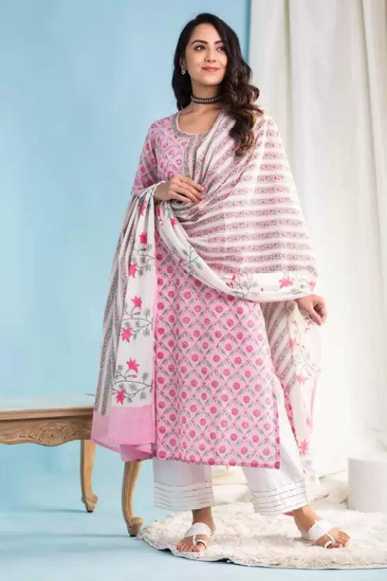 Floral Print Kurta Trouser Pant & Dupatta Set