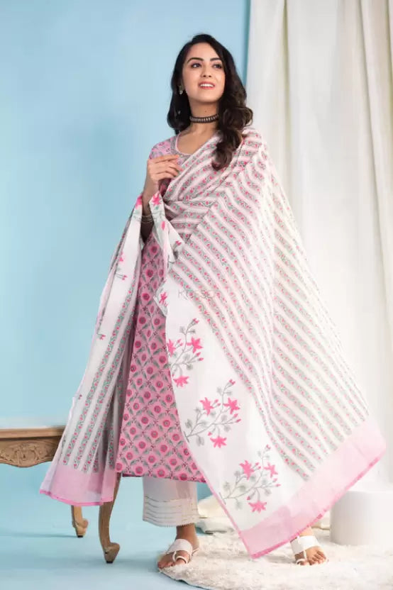 Floral Print Kurta Trouser Pant & Dupatta Set