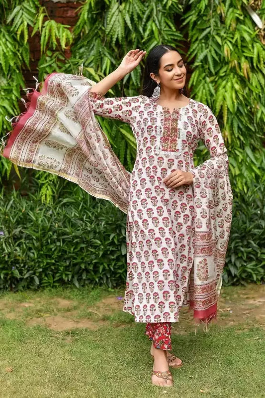 Floral Print Kurta Trouser Pant & Dupatta Set