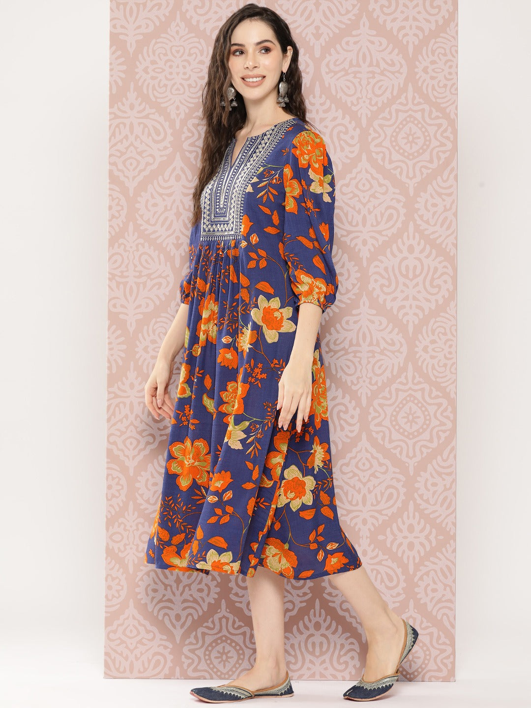 Floral Print Midi A-Line Ethnic Dress
