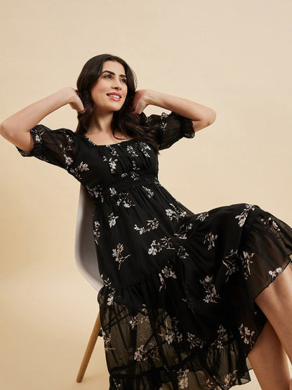 Floral Print Square Neck Puff Sleeve Georgette Fit & Flare Midi Tiered Dress
