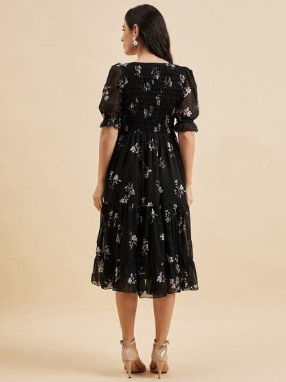 Floral Print Square Neck Puff Sleeve Georgette Fit & Flare Midi Tiered Dress