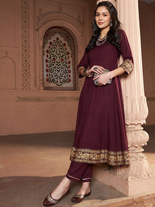 Floral Printed Foil Border Anarkali Kurta with Trousers