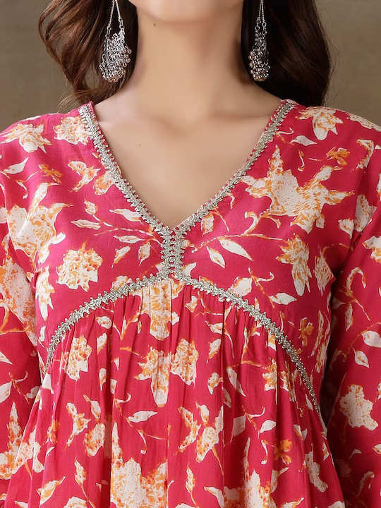 Floral Printed Gotta Patti Pure Cotton Anarkali Kurta With Palazzos & Dupatta