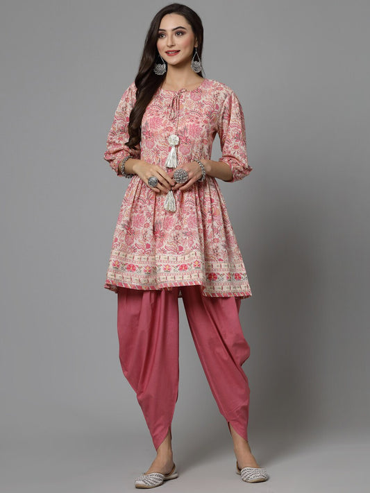 Floral Printed Gotta Patti Pure Cotton Kurti with Dhoti Pants