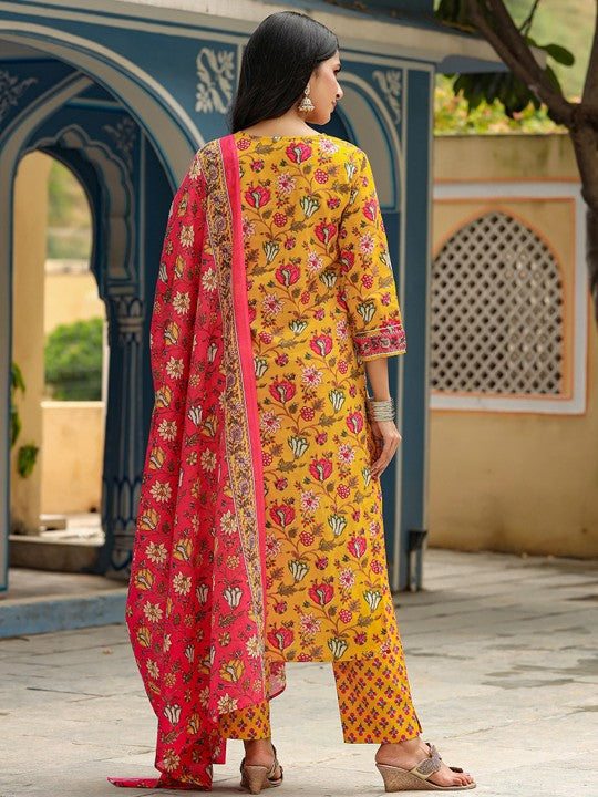 Floral Printed Kurta & Trousers With Dupatta