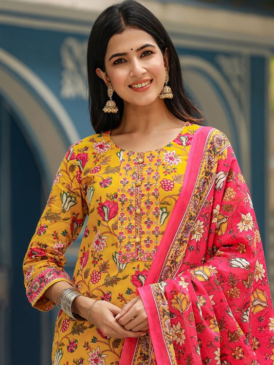 Floral Printed Kurta & Trousers With Dupatta