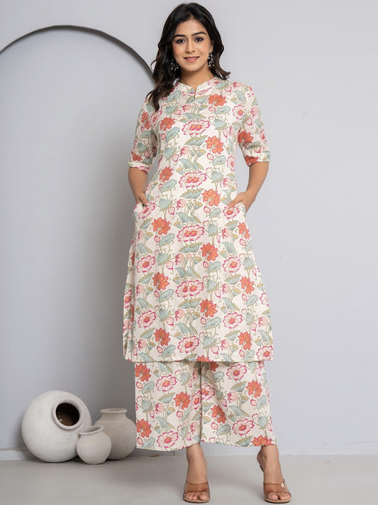 Floral Printed Mandarin Collar Pure Cotton A Line Kurta & Palazzo