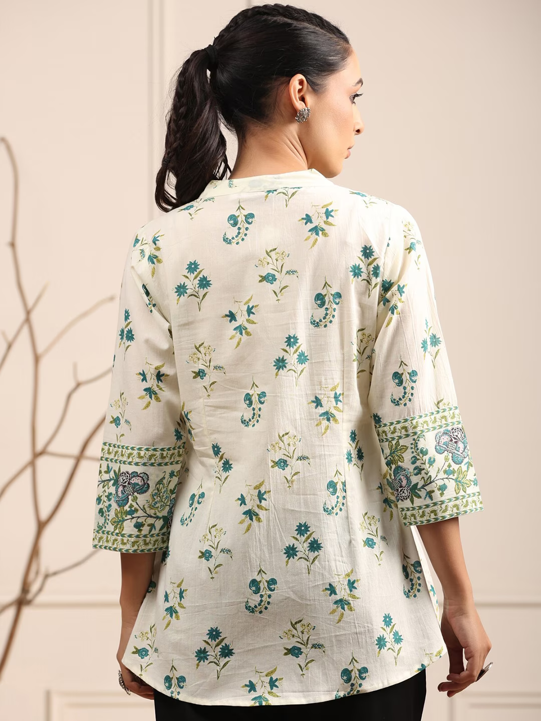 Floral Printed Mandarin Collar Pure Cotton A-Line kurti