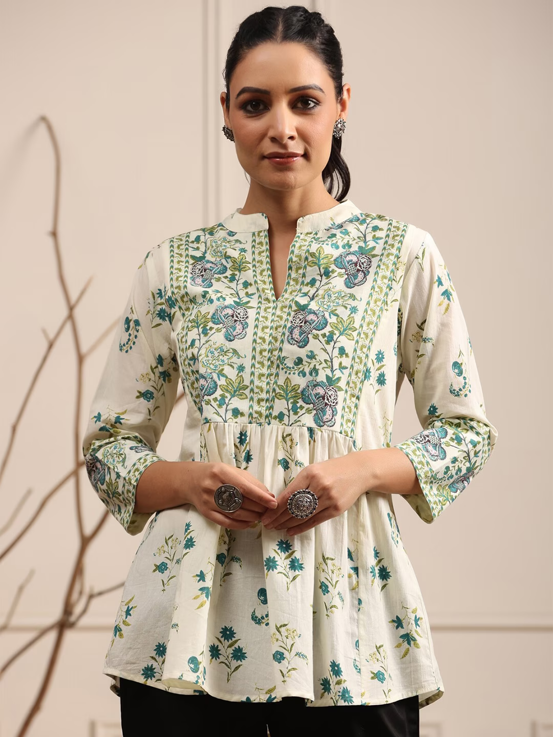 Floral Printed Mandarin Collar Pure Cotton A-Line kurti