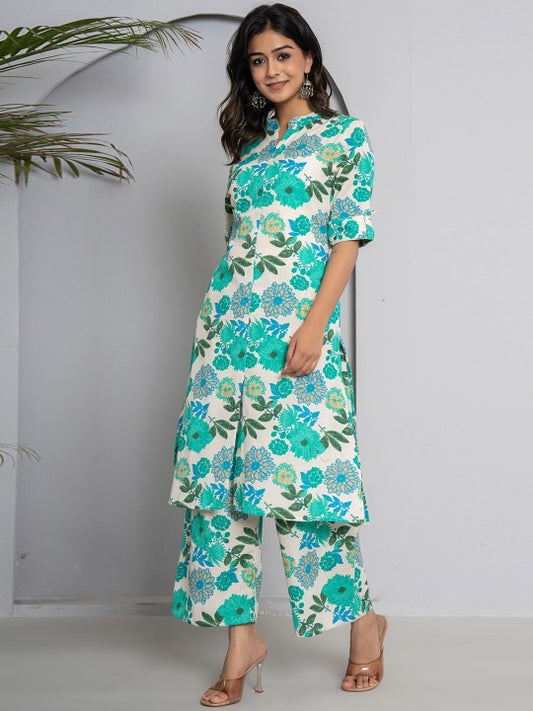 Floral Printed Mandarin Collar Pure Cotton Kurta with Palazzos