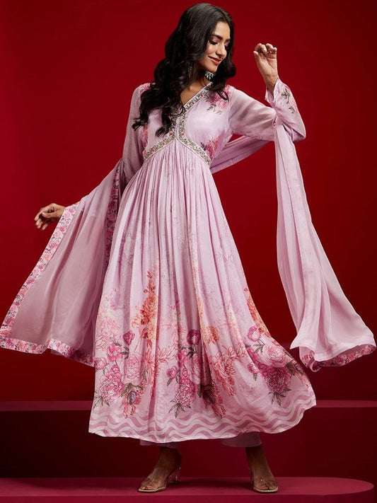 Floral Printed Pleated Beads and Stones Kurta with Trousers & Dupatta