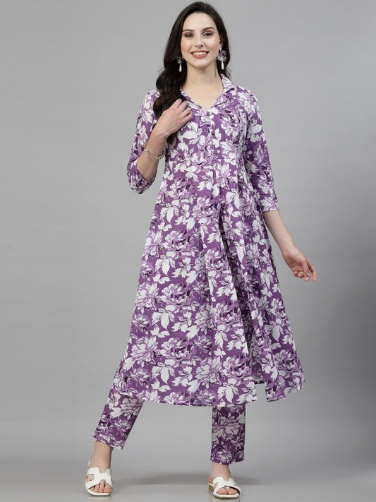 Floral Printed Pure Cotton A Line Kurta with Trousers