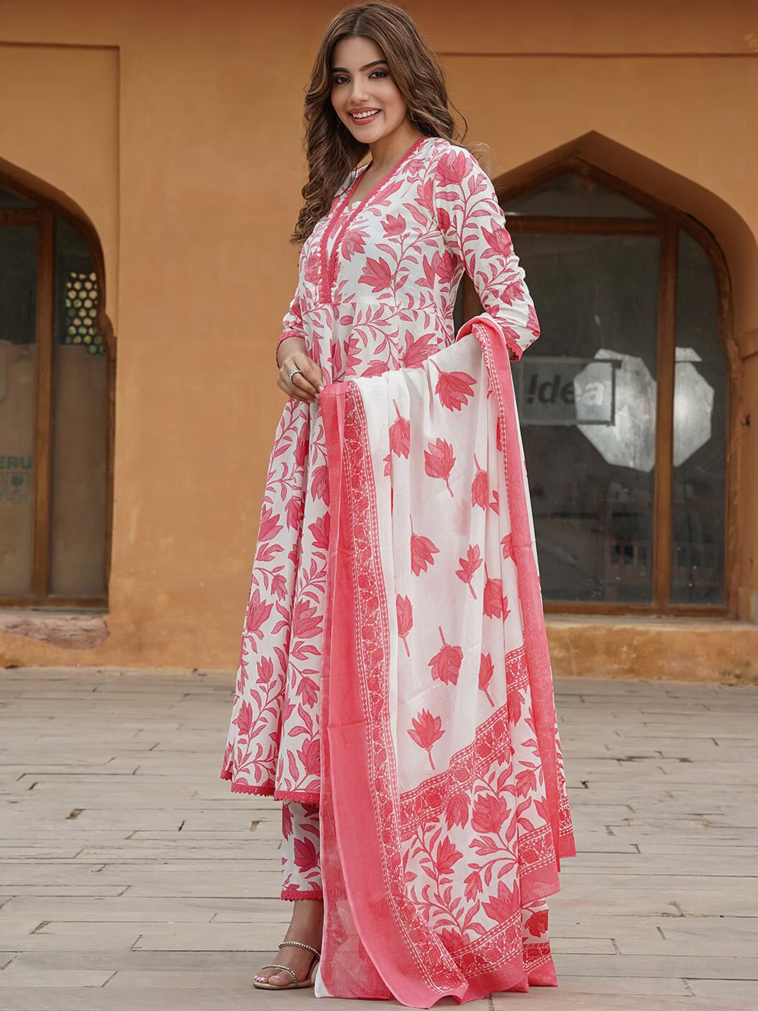 Floral Printed Pure Cotton Anarkali Kurta with Trousers & With Dupatta