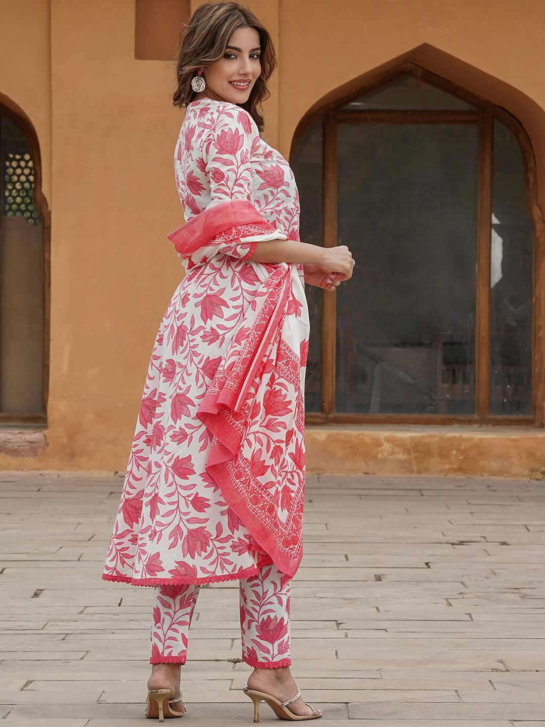 Floral Printed Pure Cotton Anarkali Kurta with Trousers & With Dupatta