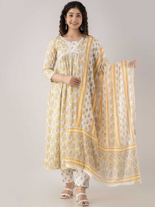 Floral Printed Pure Cotton Kurta with Trousers & With Dupatta