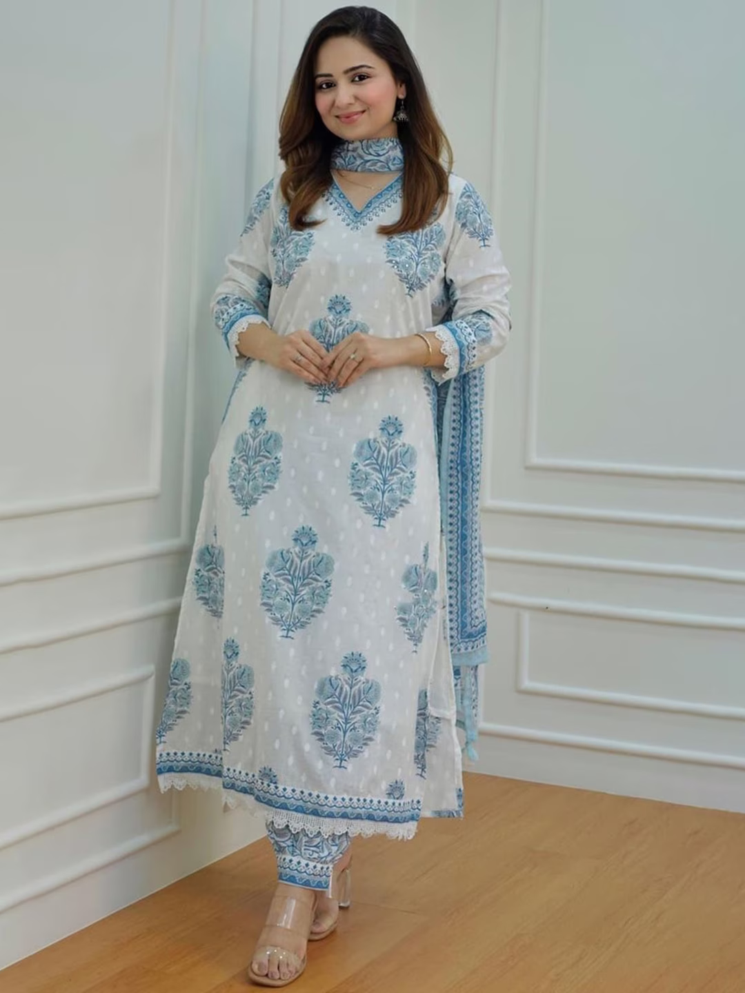 Floral Printed Pure Cotton Straight Kurta with Patiala & With Dupatta