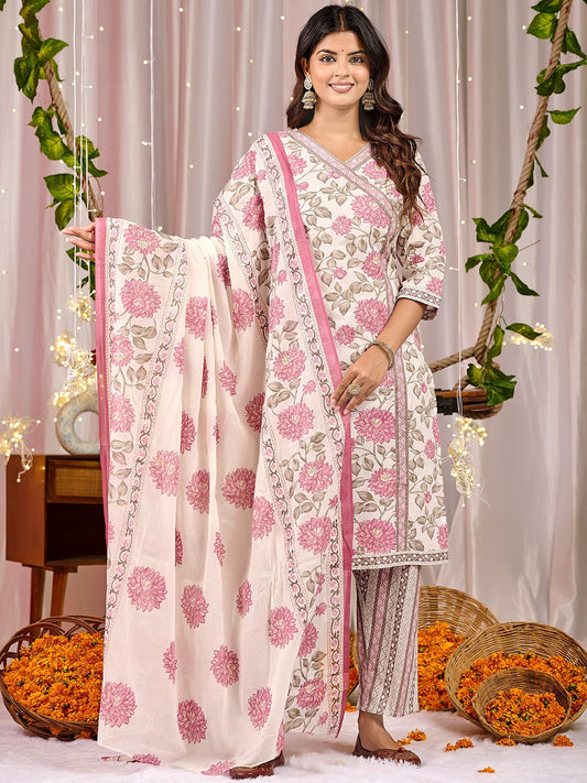 Floral Printed Pure Cotton Straight Kurta with Trousers & Dupatta