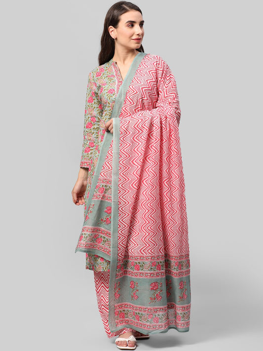 Floral Printed Regular Gotta Patti Pure Cotton Kurta with Palazzos & Dupatta