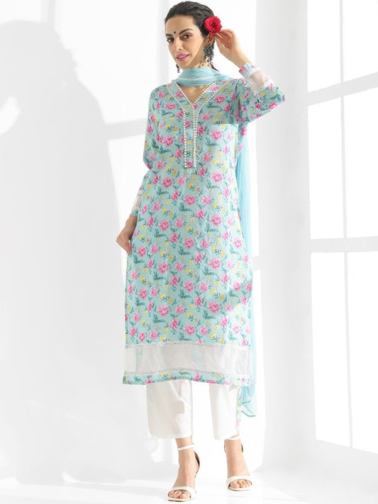 Floral Printed Regular Kantha Work Pure Cotton Kurta With Trousers & Dupatta