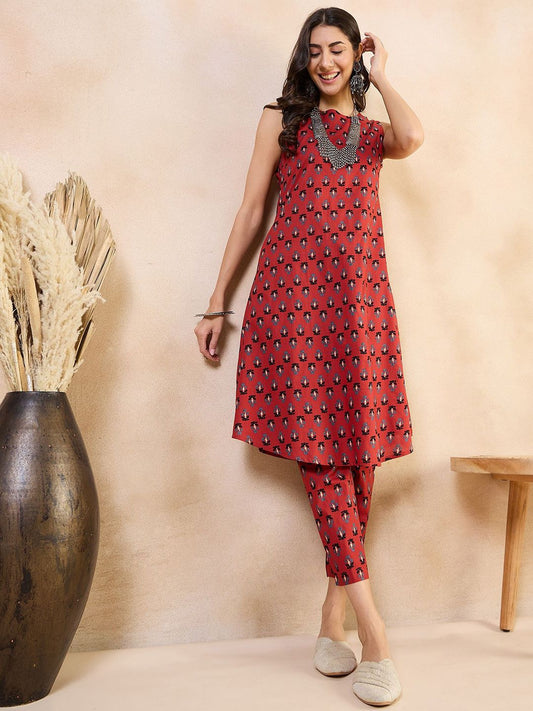 Floral Printed Round Neck Regular Pure Cotton A-Line Kurta With Trousers