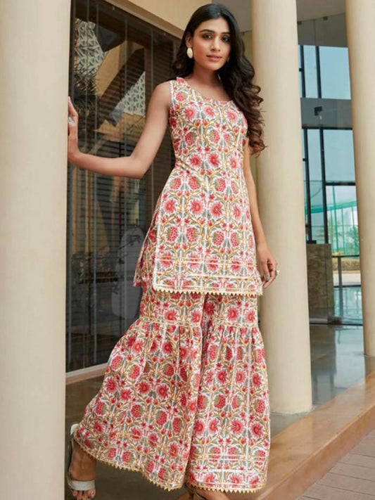 Floral Printed Round Neck Sleeveless Gotta Patti Kurta with Sharara