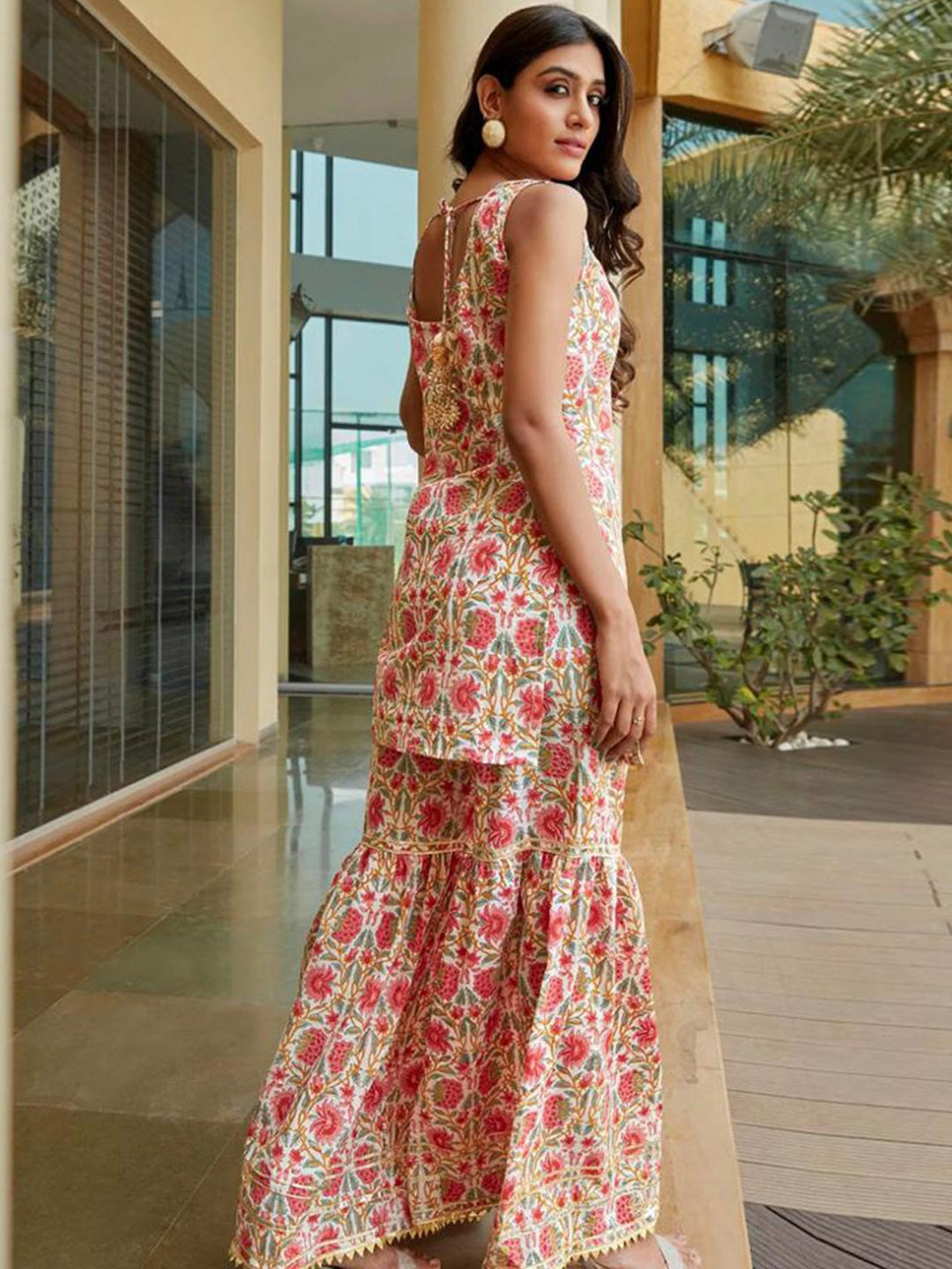 Floral Printed Round Neck Sleeveless Gotta Patti Kurta with Sharara