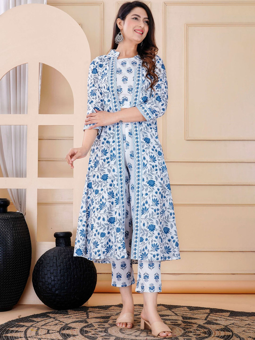 Floral Printed Round Neck Three Quarter Sleeves Co Ords Set