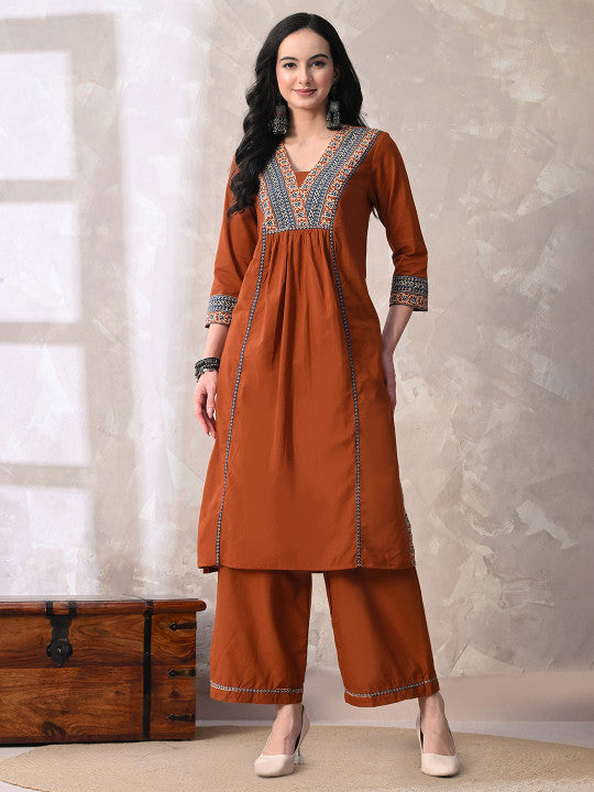 Floral Printed Sequinned Pure Cotton Kurta with Palazzos & With Dupatta