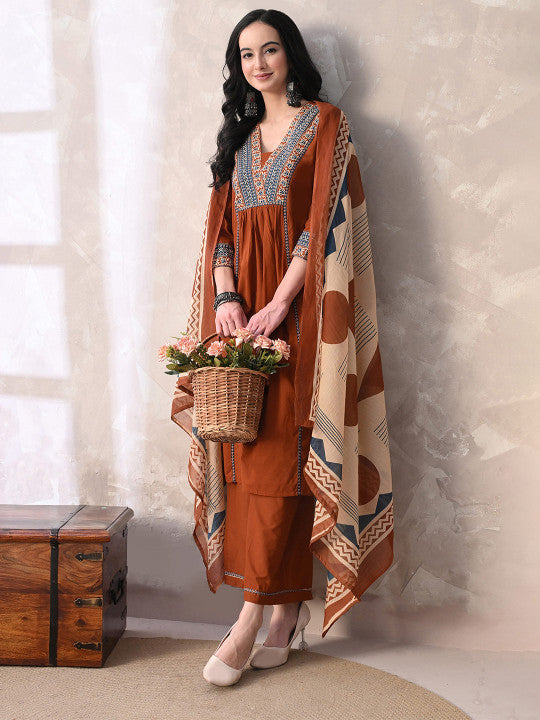 Floral Printed Sequinned Pure Cotton Kurta with Palazzos & With Dupatta