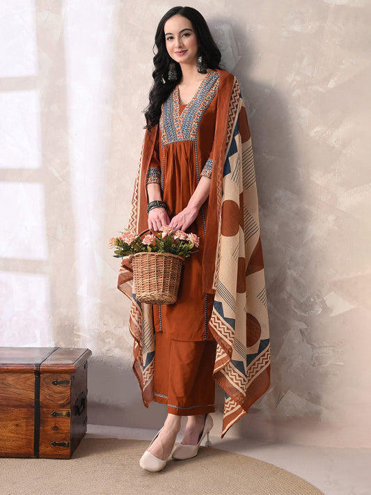 Floral Printed Sequinned Pure Cotton Kurta with Palazzos & With Dupatta