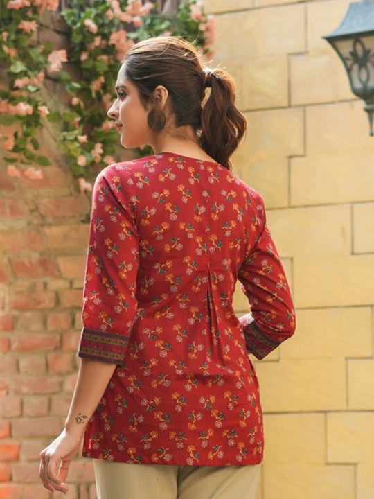 Floral Printed Sequinned Pure Cotton Kurti