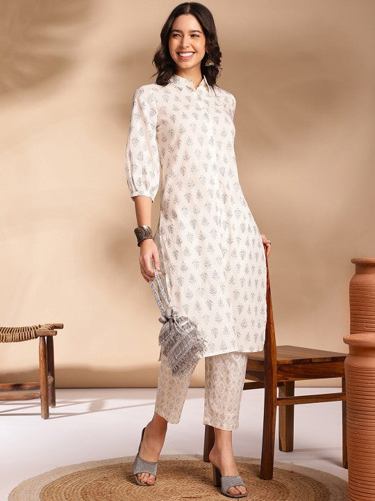 Floral Printed Shirt Collar Three-Quarter Sleeves Pure Cotton Kurta with Trousers