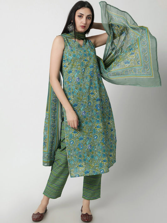 Floral Printed Sleeveless Cotton Straight Kurta & Trousers & Dupatta
