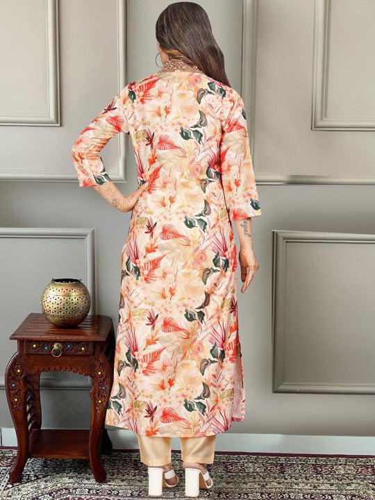 Floral Printed Straight Kurta With Trousers & Dupatta