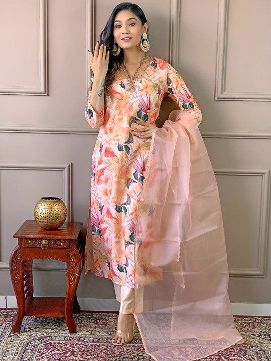 Floral Printed Straight Kurta With Trousers & Dupatta