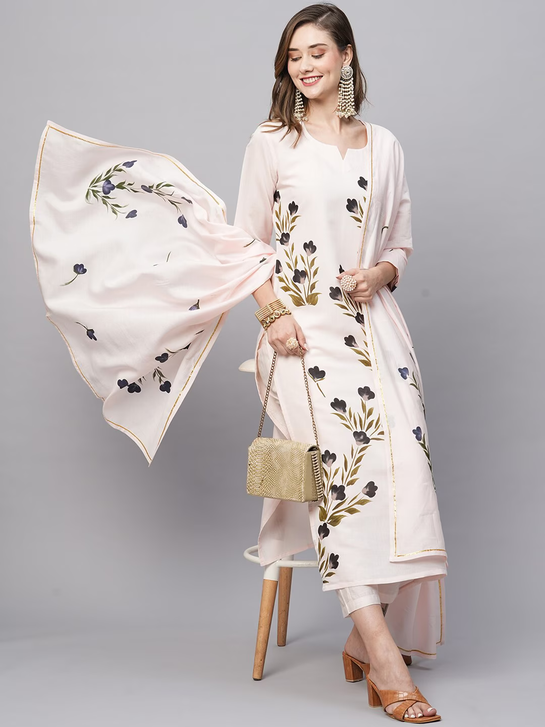 Floral Printed Straight Kurta with Trousers & Dupatta