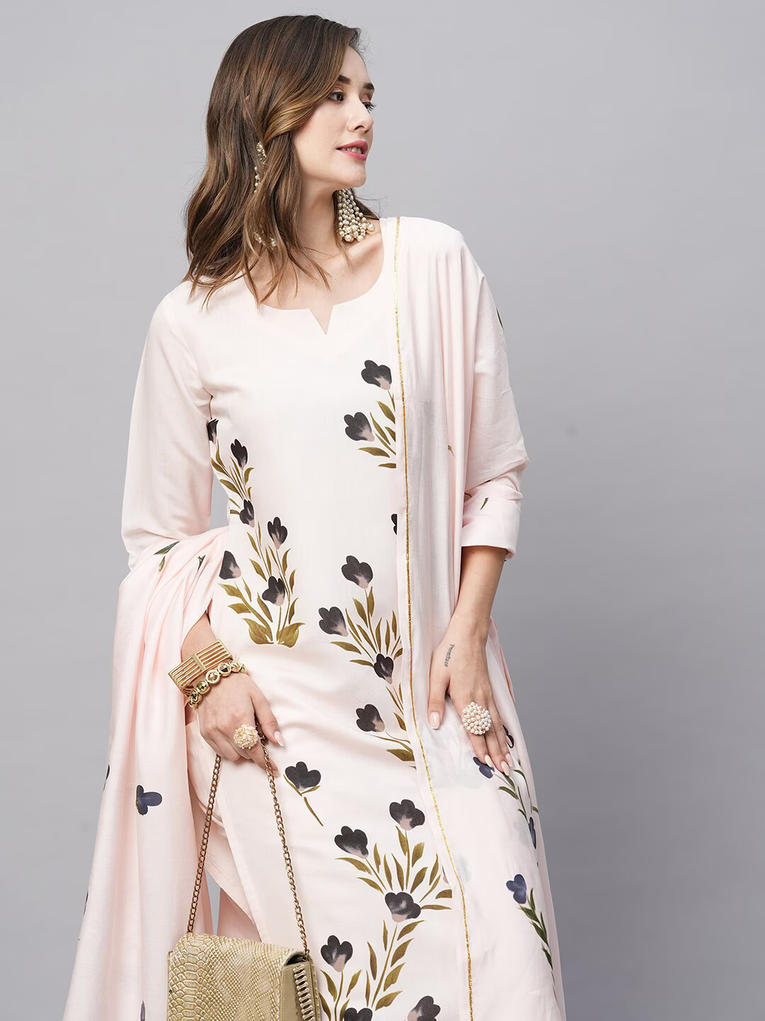 Floral Printed Straight Kurta with Trousers & Dupatta