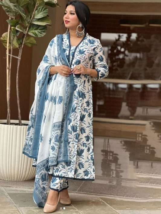 Floral Printed Straight Thread Work Pure Cotton Kurta with Trousers & With Dupatta