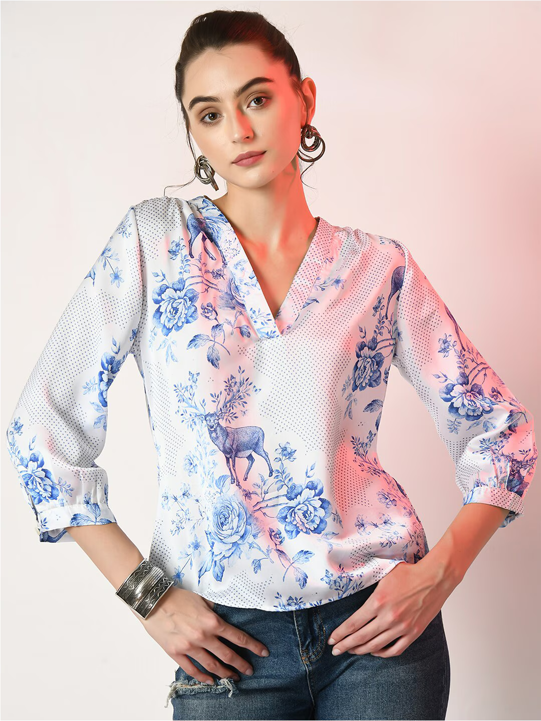 Floral Printed V-Neck Satin Top