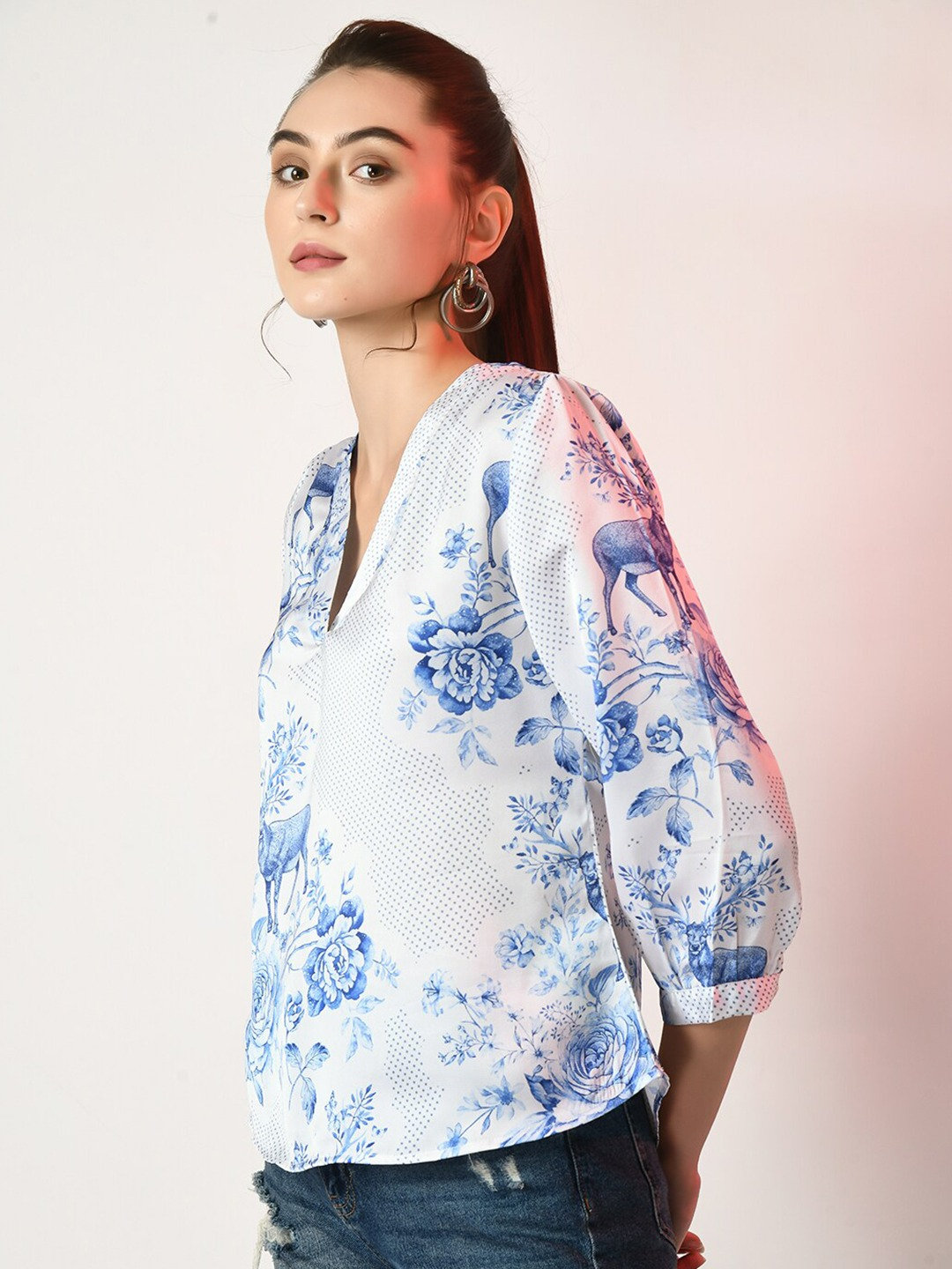 Floral Printed V-Neck Satin Top