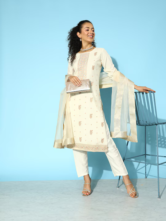 Floral Yoke Design Jacquard Kurta with Trousers & With Dupatta