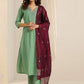 Floral Yoke Design V-Neck Straight Thread Work Kurta With Trousers & Dupatta