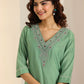 Floral Yoke Design V-Neck Straight Thread Work Kurta With Trousers & Dupatta