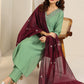 Floral Yoke Design V-Neck Straight Thread Work Kurta With Trousers & Dupatta