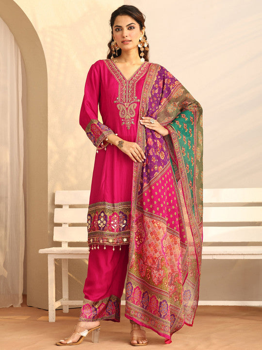 Pink Floral Printed Silk Blend A-line Suit Set